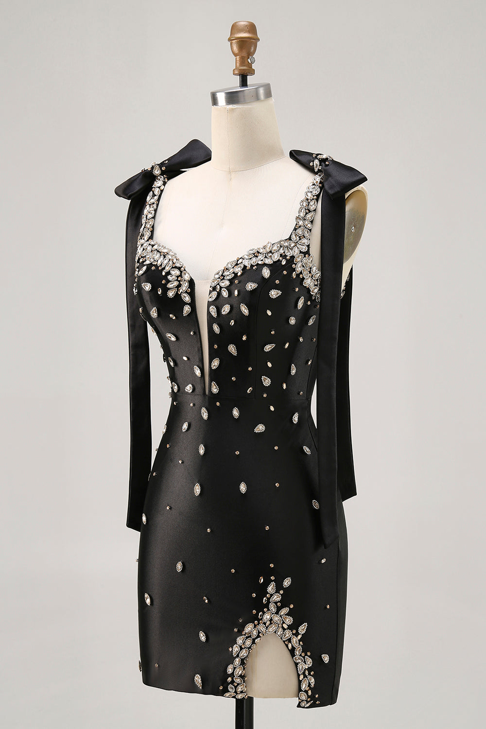 Sparkly Black Satin Tight Short Homecoming Dress with Rhinestones