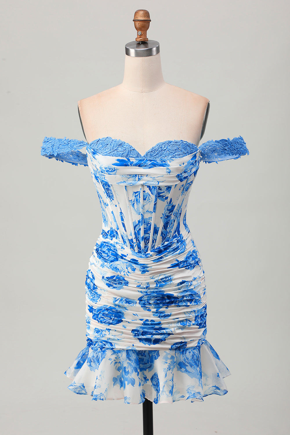 White and Blue Floral Corset Tight Short Homecoming Dress with Appliques