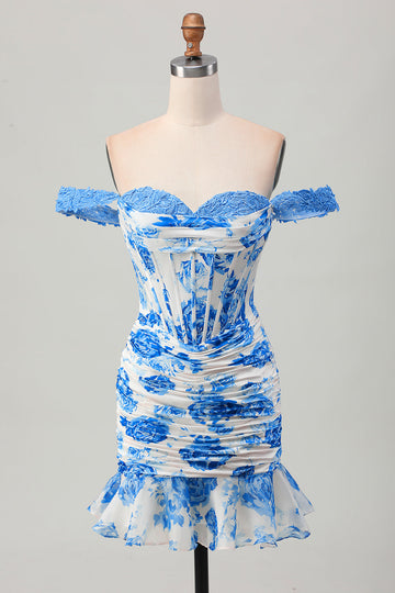 White and Blue Floral Corset Tight Short Homecoming Dress with Appliques