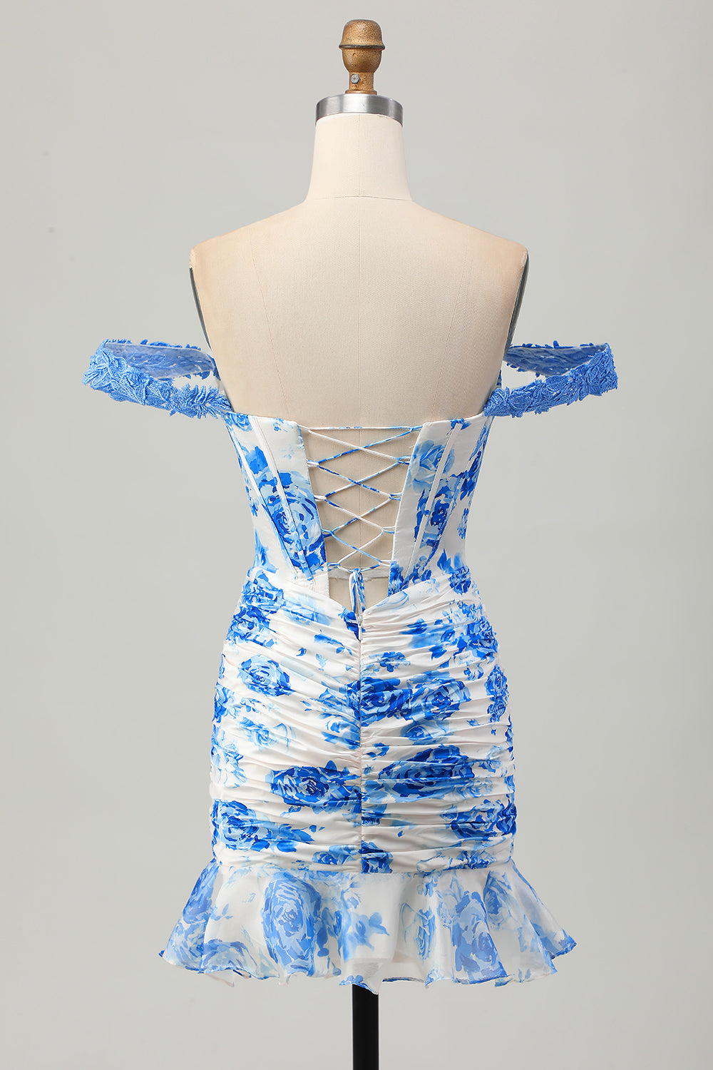 White and Blue Floral Corset Tight Short Homecoming Dress with Appliques