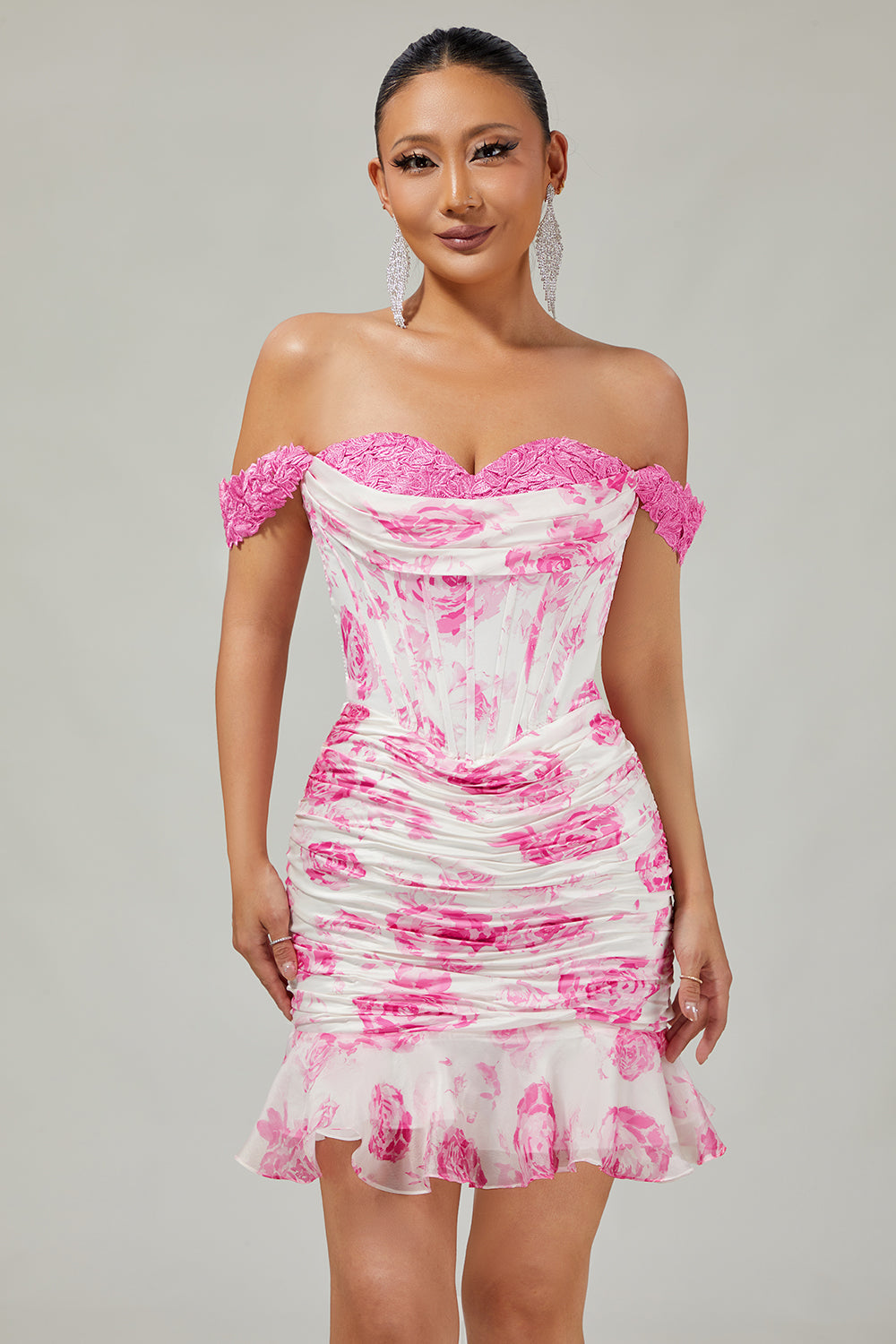 White and Blue Floral Corset Tight Short Homecoming Dress with Appliques