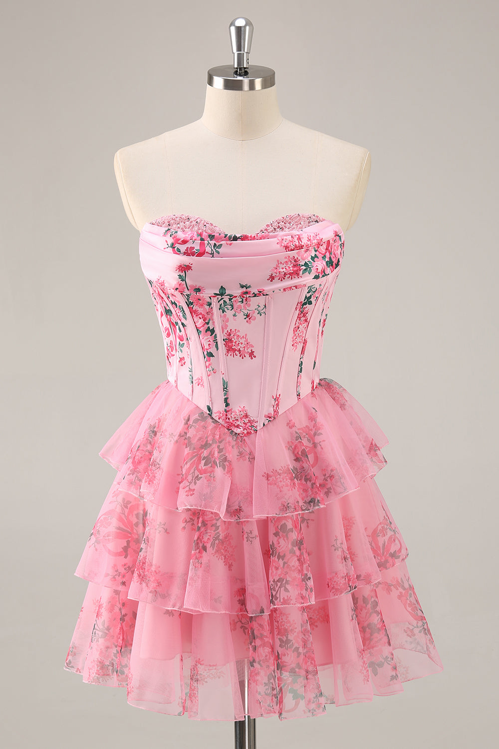Pink Floral Sweetheart Corset Tiered Short Homecoming Dress with Ruffles