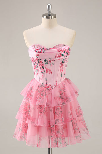 Pink Floral Sweetheart Corset Tiered Short Homecoming Dress with Ruffles