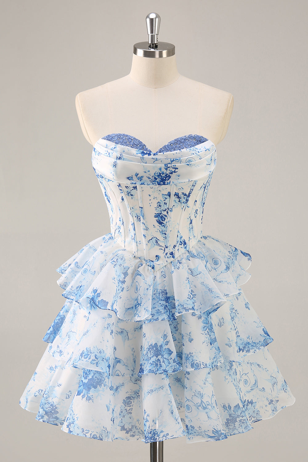 Pink Floral Sweetheart Corset Tiered Short Homecoming Dress with Ruffles