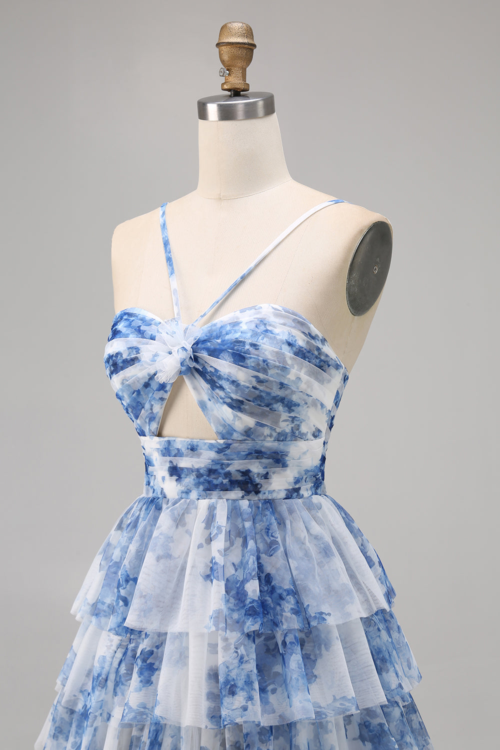 White Blue Flower A Line Short Tiered Homecoming Dress with Ruffles
