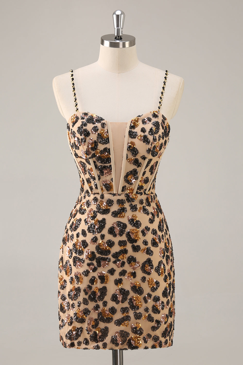 Sparkly Khaki Leopard Sequin Corset Tight Short Homecoming Dress