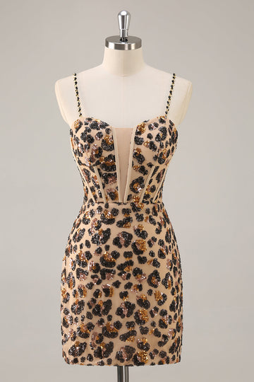Sparkly Khaki Leopard Sequin Corset Tight Short Homecoming Dress