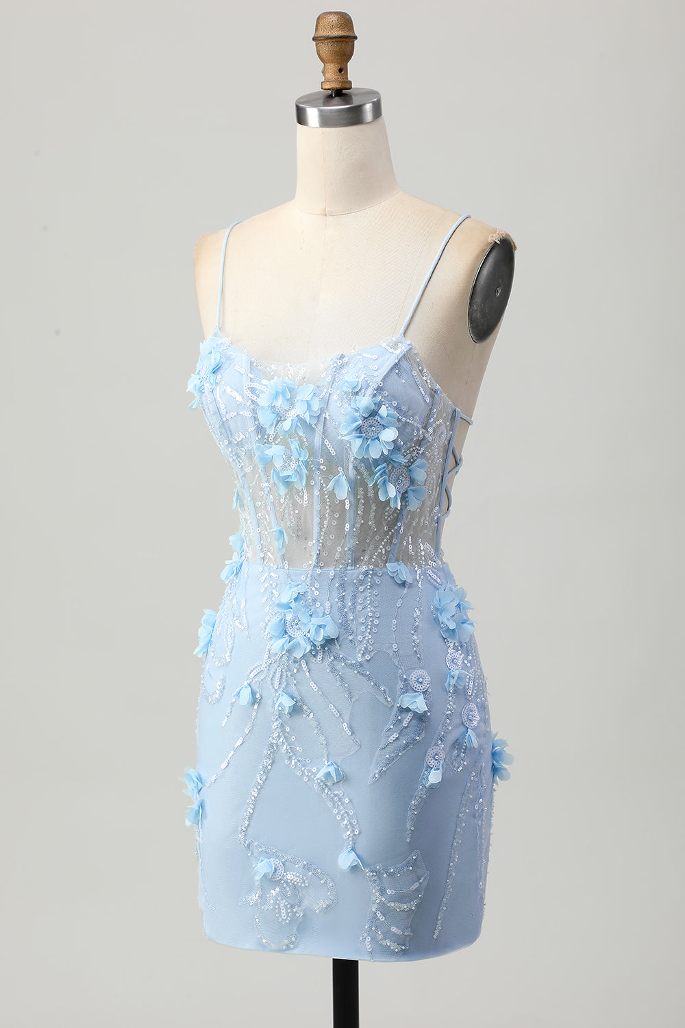 Sparkly Blue Tight Floral Corset Short Homecoming Dress with Sequins
