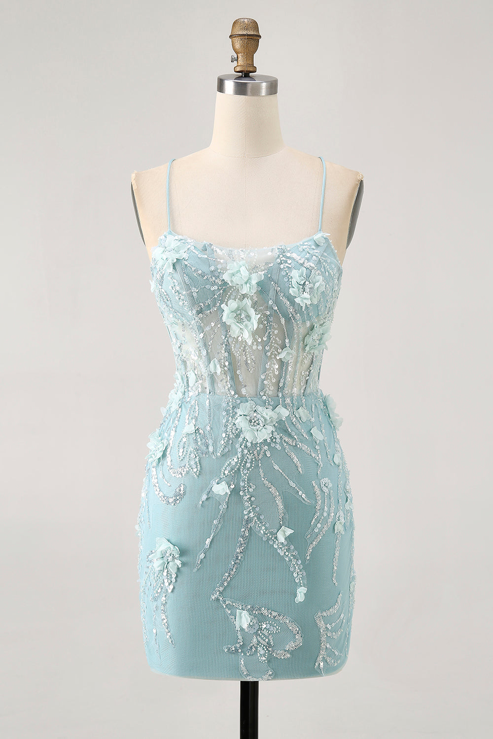 Sparkly Blue Tight Floral Corset Short Homecoming Dress with Sequins
