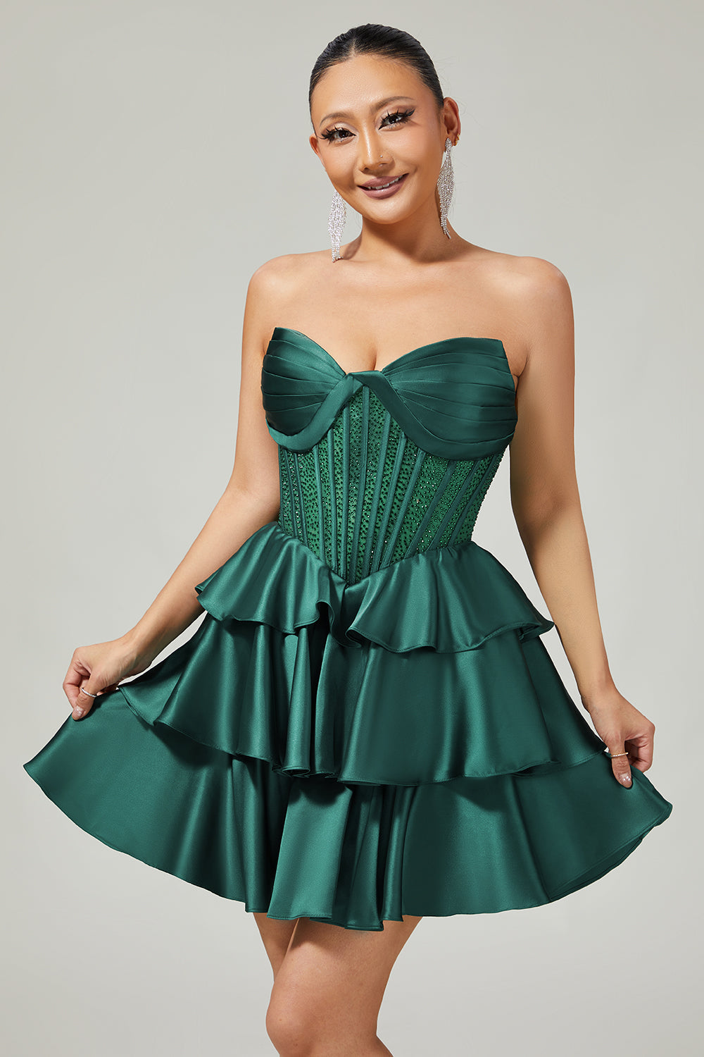 Sparkly Green Corset Ruffles Strapless Short Homecoming Dress with Beading