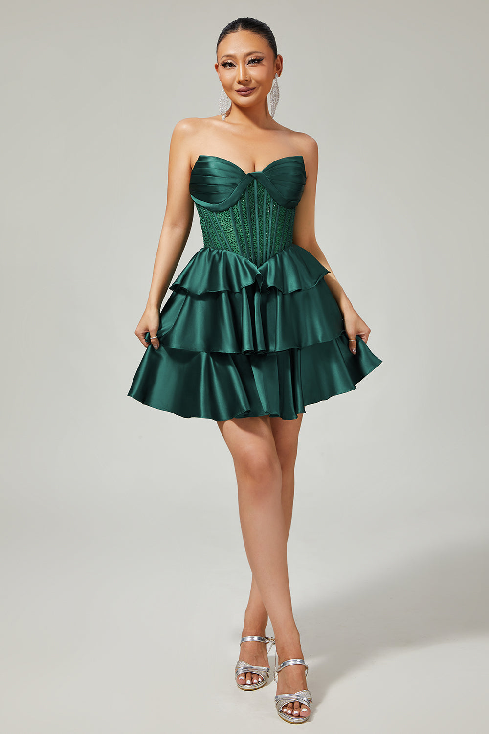 Sparkly Green Corset Ruffles Strapless Short Homecoming Dress with Beading