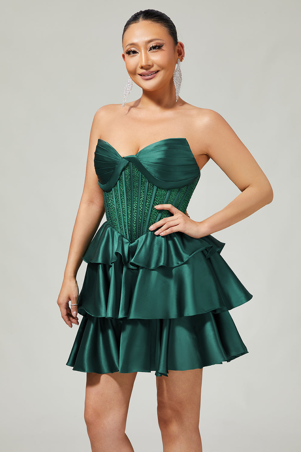 Sparkly Green Corset Ruffles Strapless Short Homecoming Dress with Beading