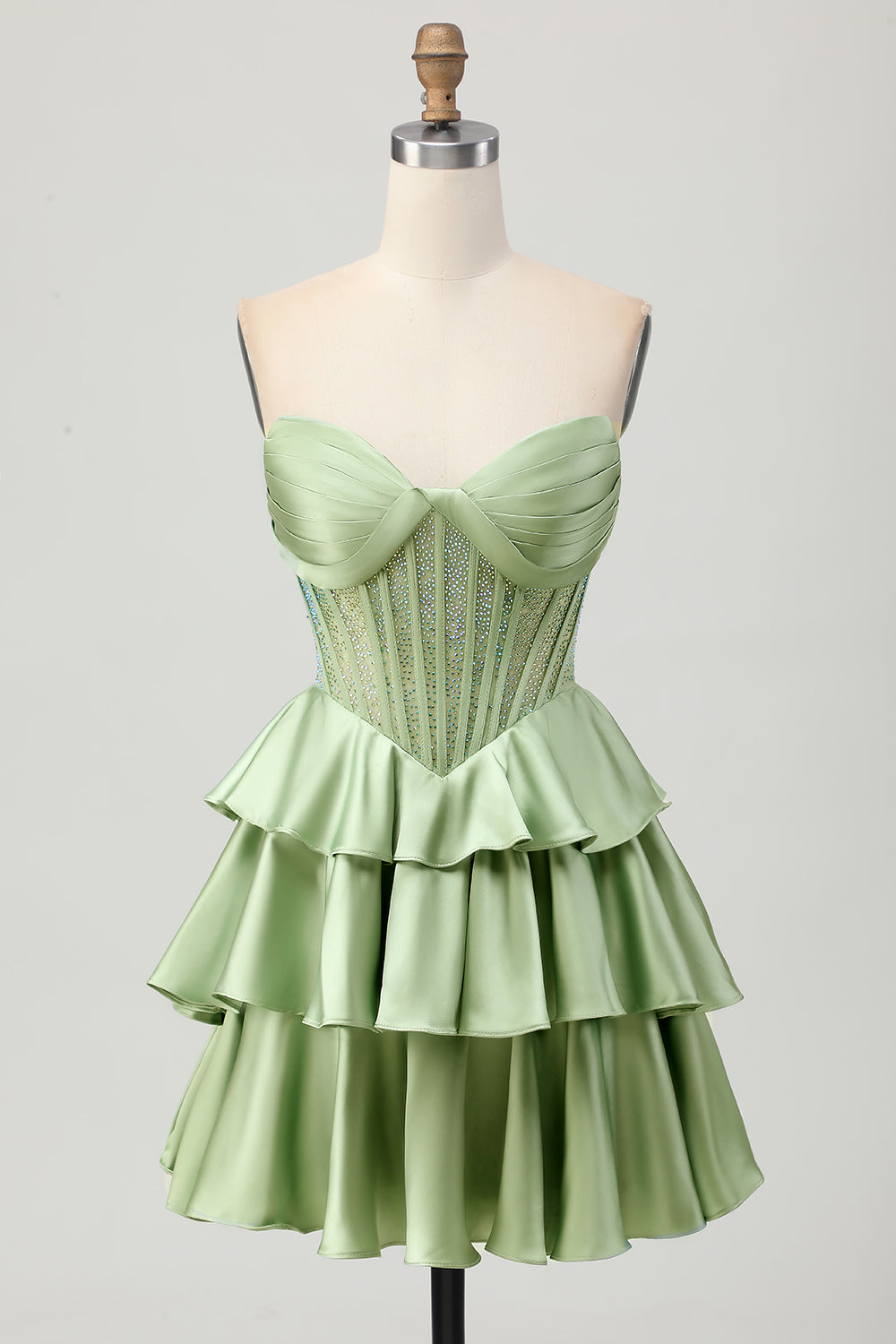 Sparkly Green Corset Ruffles Strapless Short Homecoming Dress with Beading