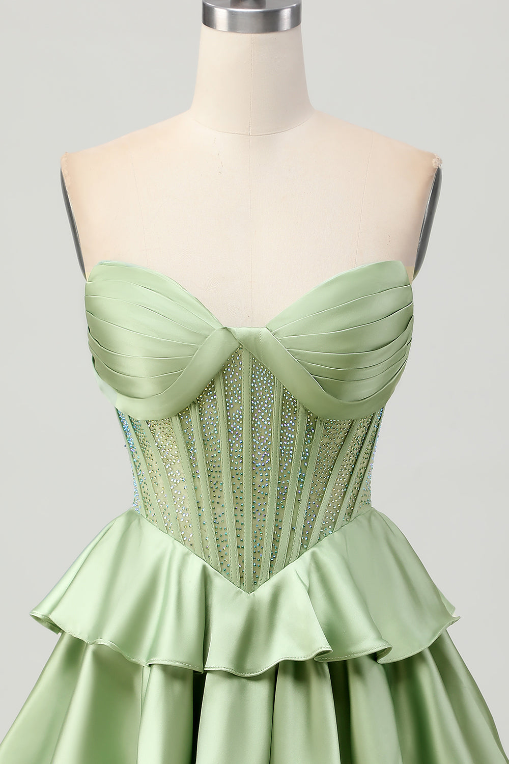 Sparkly Green Corset Ruffles Strapless Short Homecoming Dress with Beading