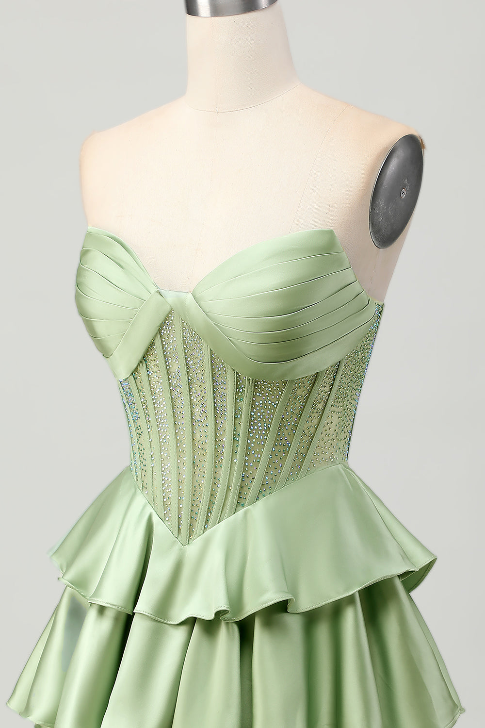 Sparkly Green Corset Ruffles Strapless Short Homecoming Dress with Beading