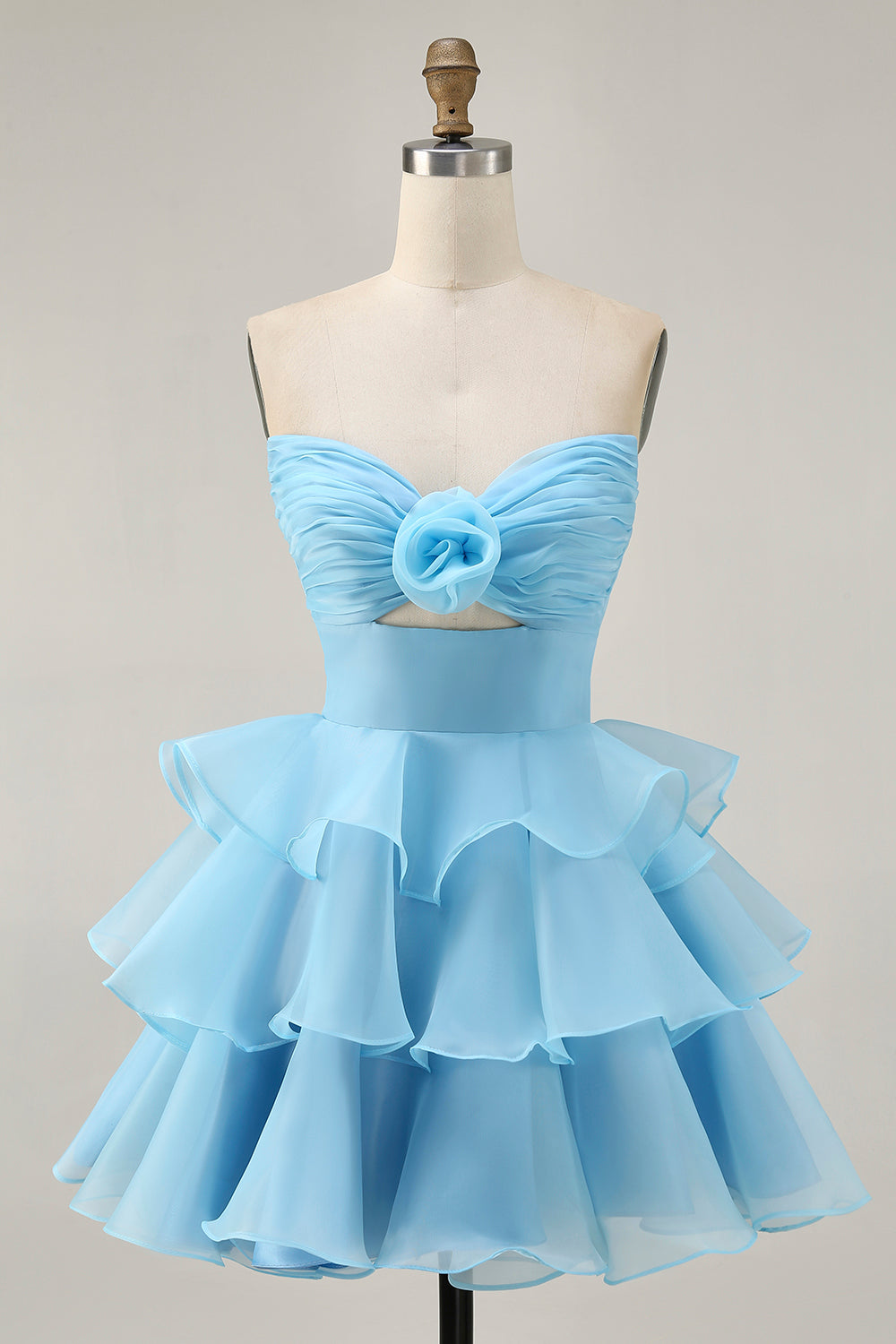 Blush Strapless Floral Ruched Short Homecoming Dress with Ruffles