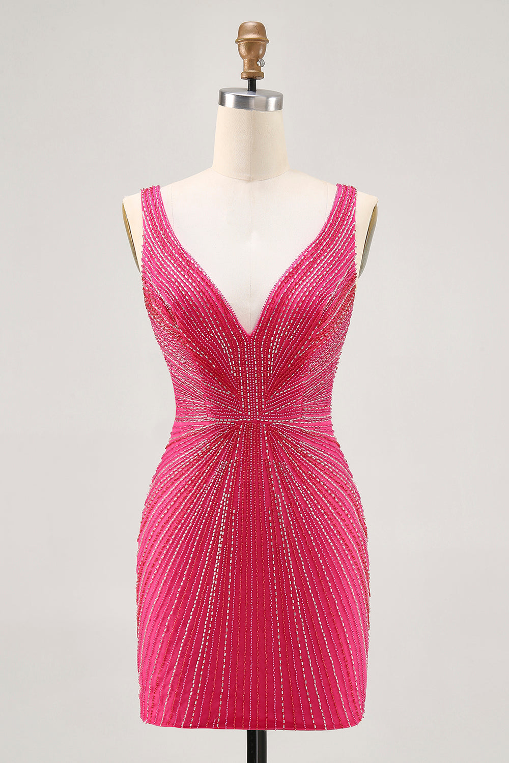 Sparkly Fuchsia Tight V-Neck Short Homecoming Dress with Beading