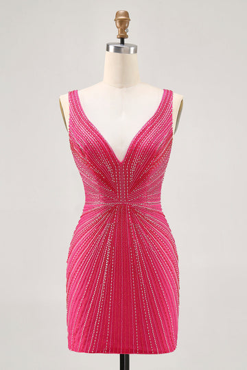 Sparkly Fuchsia Tight V-Neck Short Homecoming Dress with Beading