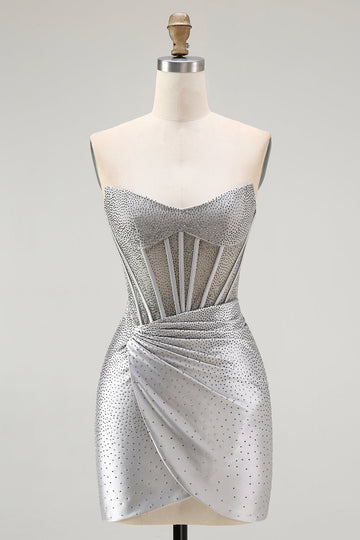 Sparkly Grey Silver Corset Strapless Short Homecoming Dress with Beading