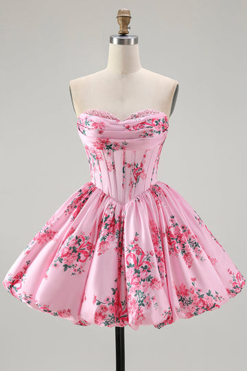 Pink Sweetheart Floral Corset Short Homecoming Dress