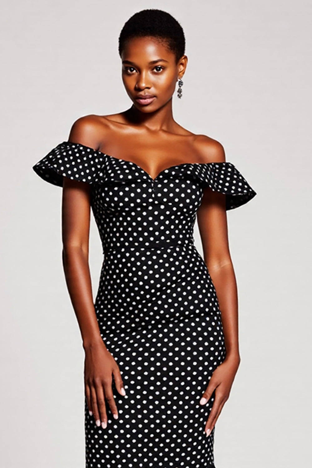 Black and White Mermaid Off the Shoulder Maxi Polka Dot Dress