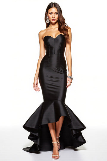 Black Satin Mermaid Sweetheart High-Low Corset Black Tie Dress
