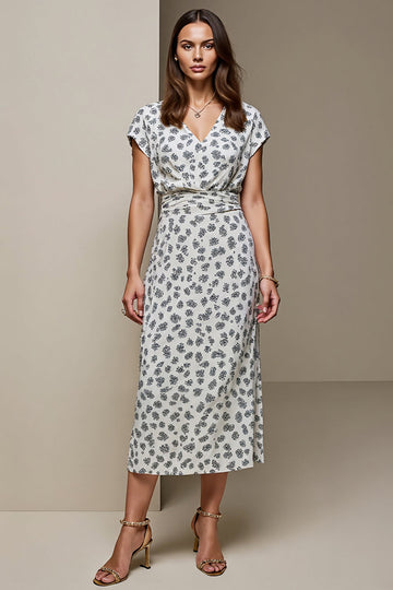 White Blue Printed V-Neck Bodycon Long Wedding Guest Dress