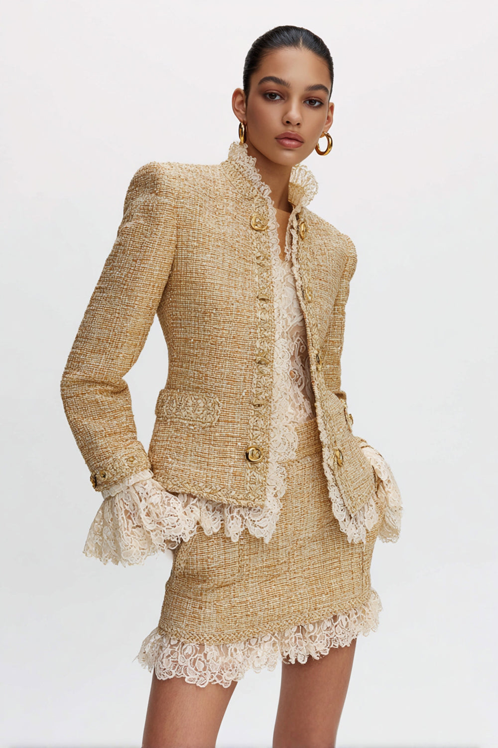 Golden Tight 2 Piece Tweed High Neck Homecoming Outfits with Lace