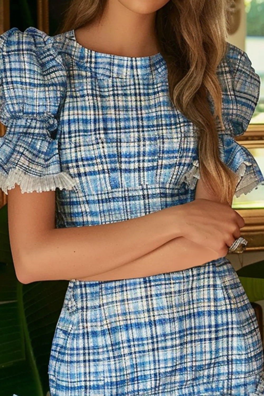 Blue Tweed Tight Round Neck Short Homecoming Dress with Ruffles