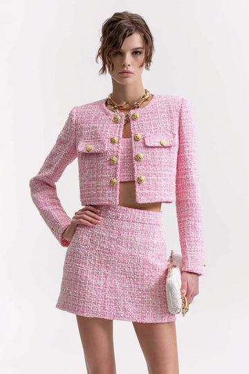 3 Piece Pink Tweed Short Blazer Homecoming Outfits with Pockets