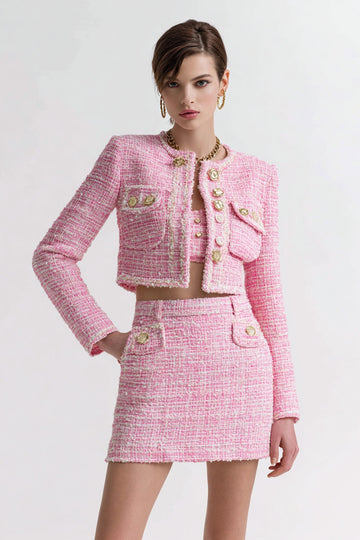 Pink Tweed 2 Piece Short Blazer Homecoming Outfits with Pockets