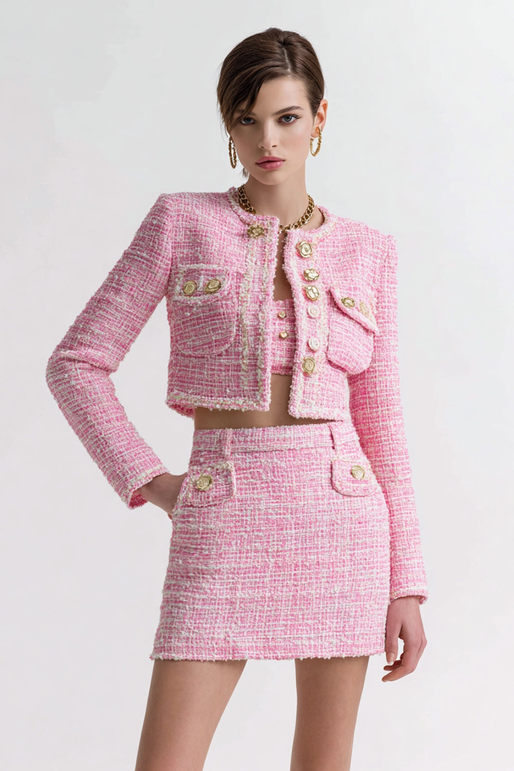 Pink Tweed 2 Piece Short Blazer Homecoming Outfits with Pockets