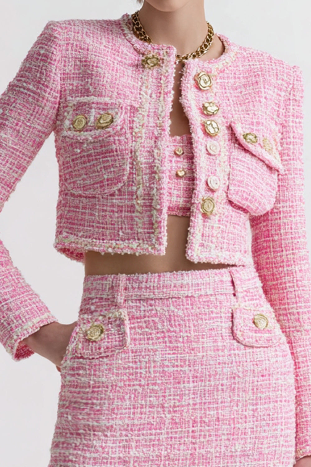 Pink Tweed 2 Piece Short Blazer Homecoming Outfits with Pockets