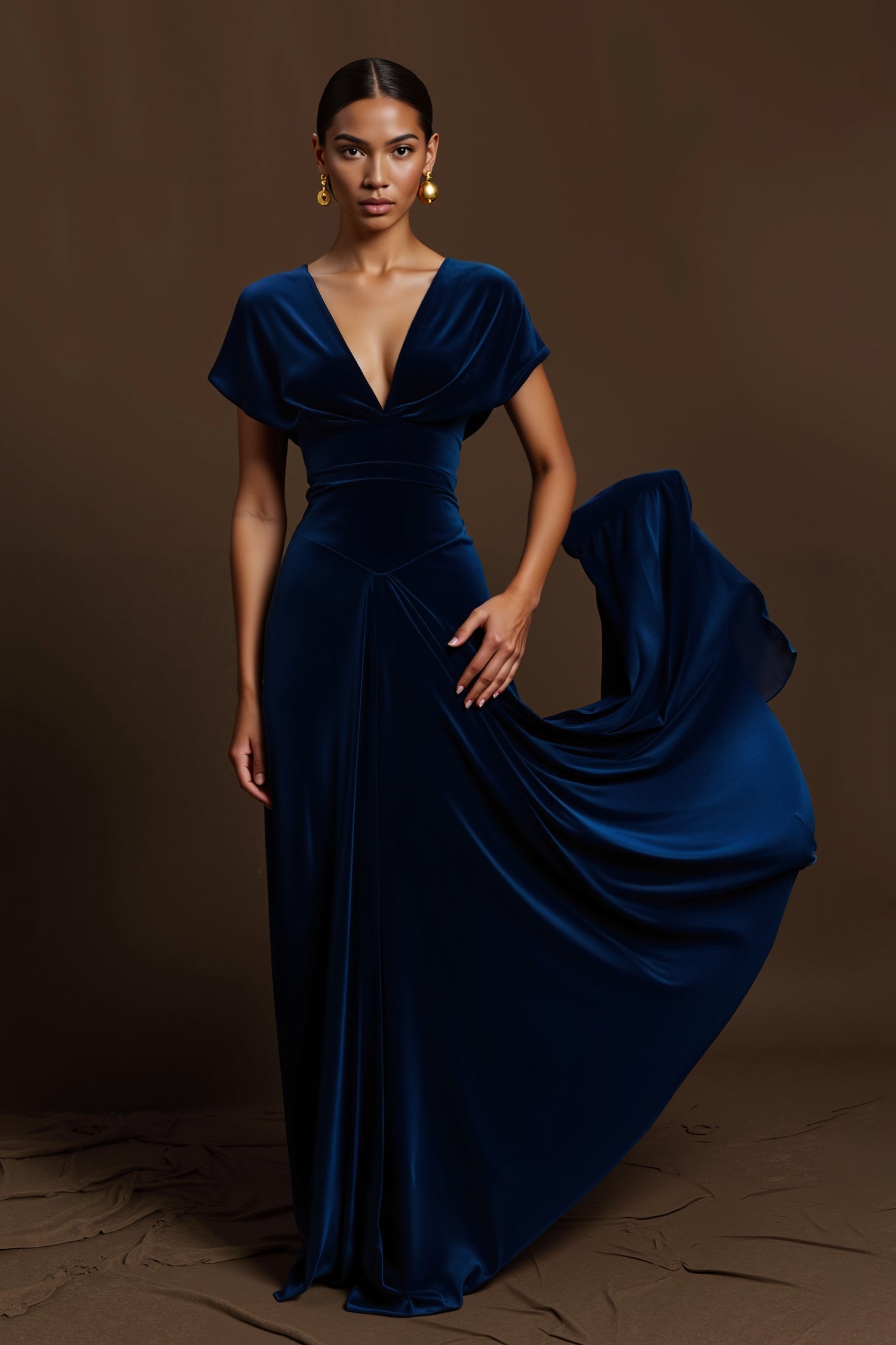 Simple Royal Blue Velvet V-Neck Long Sleeves Holiday Party Dress