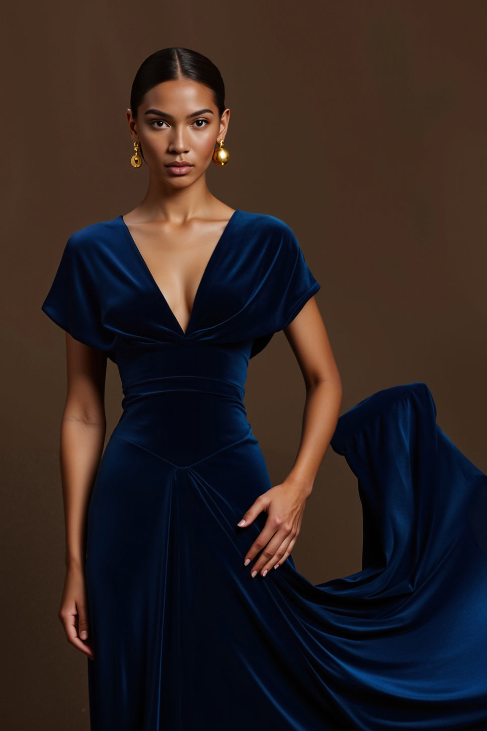 Simple Royal Blue Velvet V-Neck Long Sleeves Holiday Party Dress
