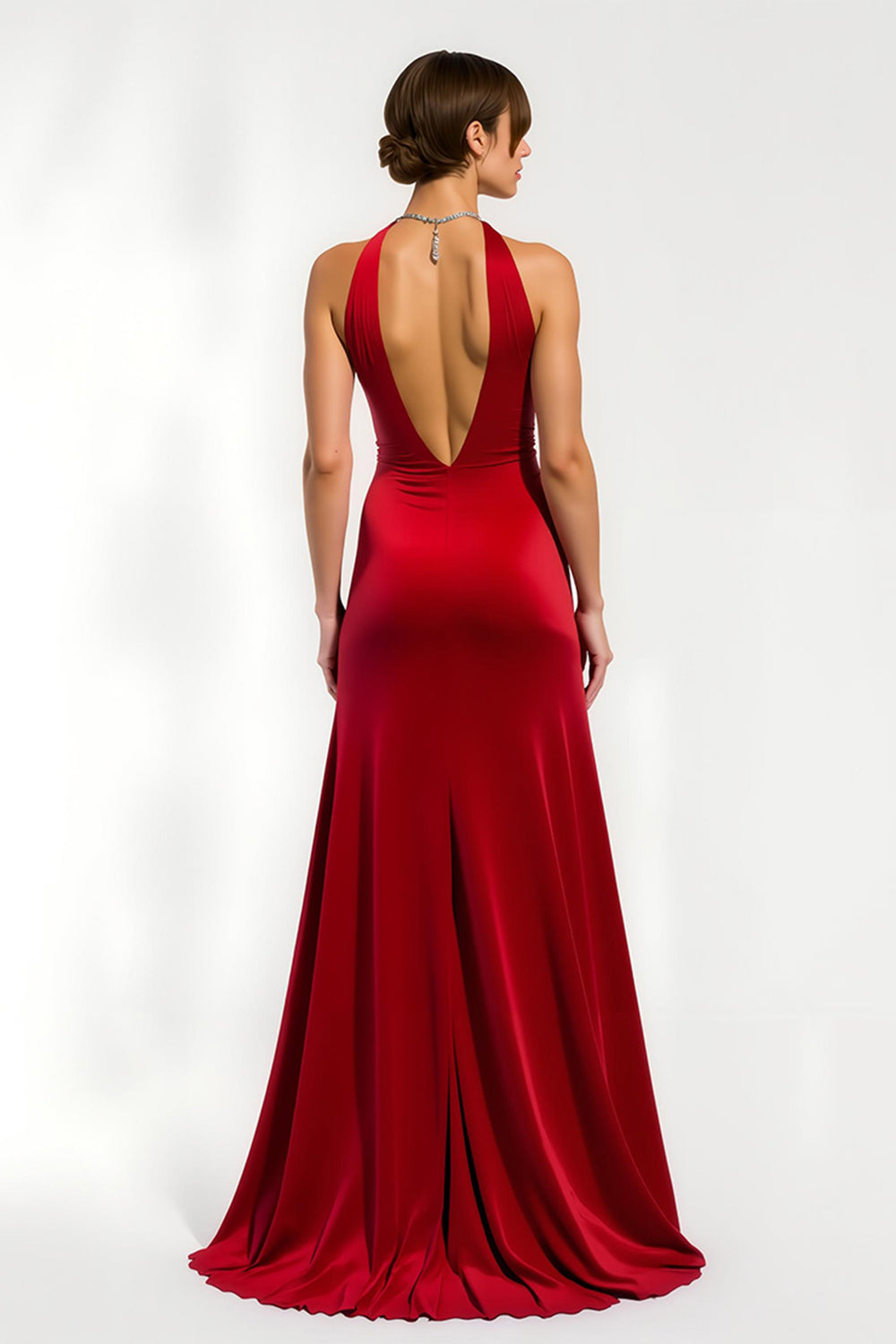 Red Sheath V-Neck Satin Long Holiday Party Dress with Slit