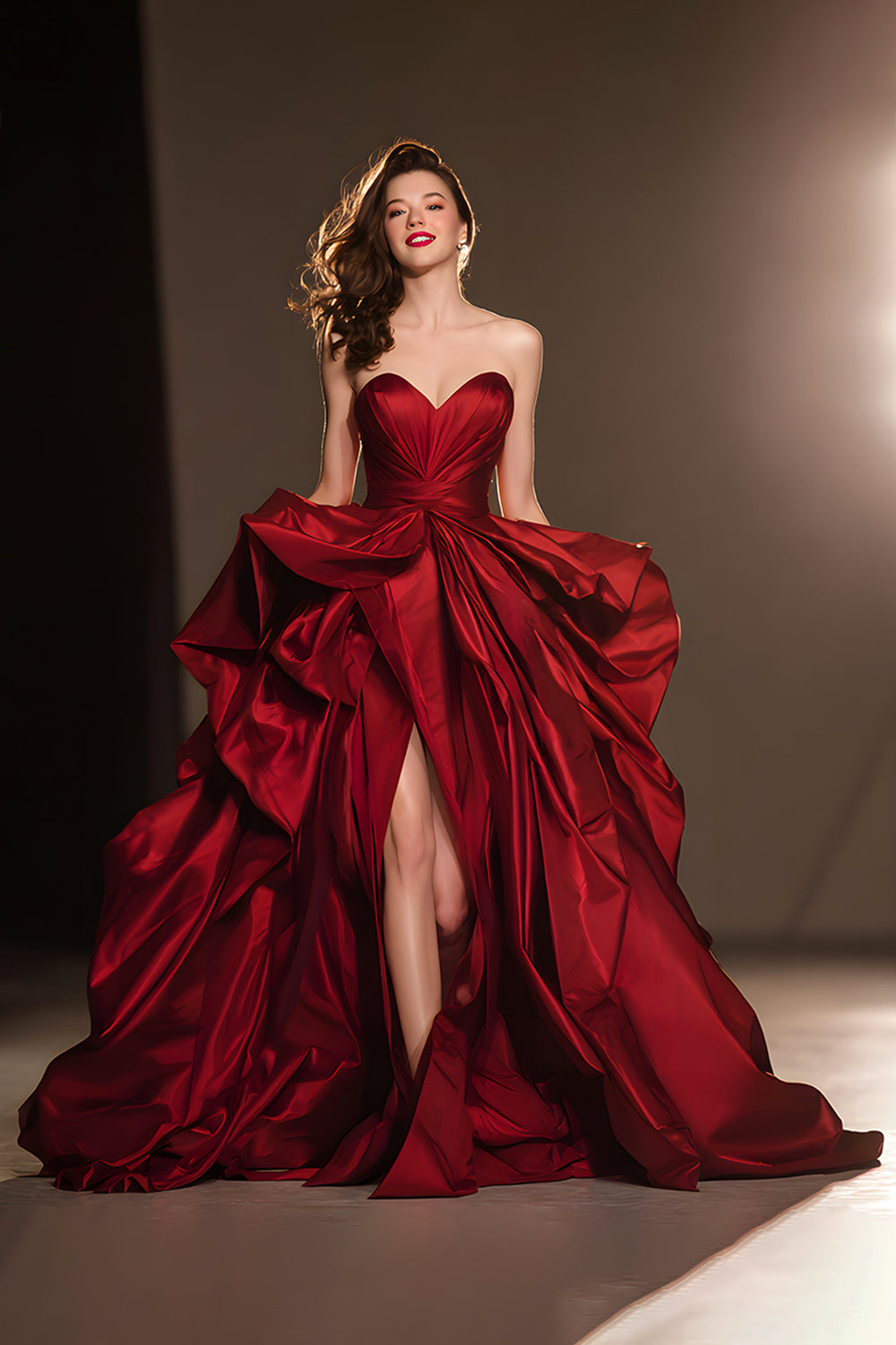 Dark Red Sweetheart Ruffled Ball Gown Long Masquerade Ball Dress with Slit
