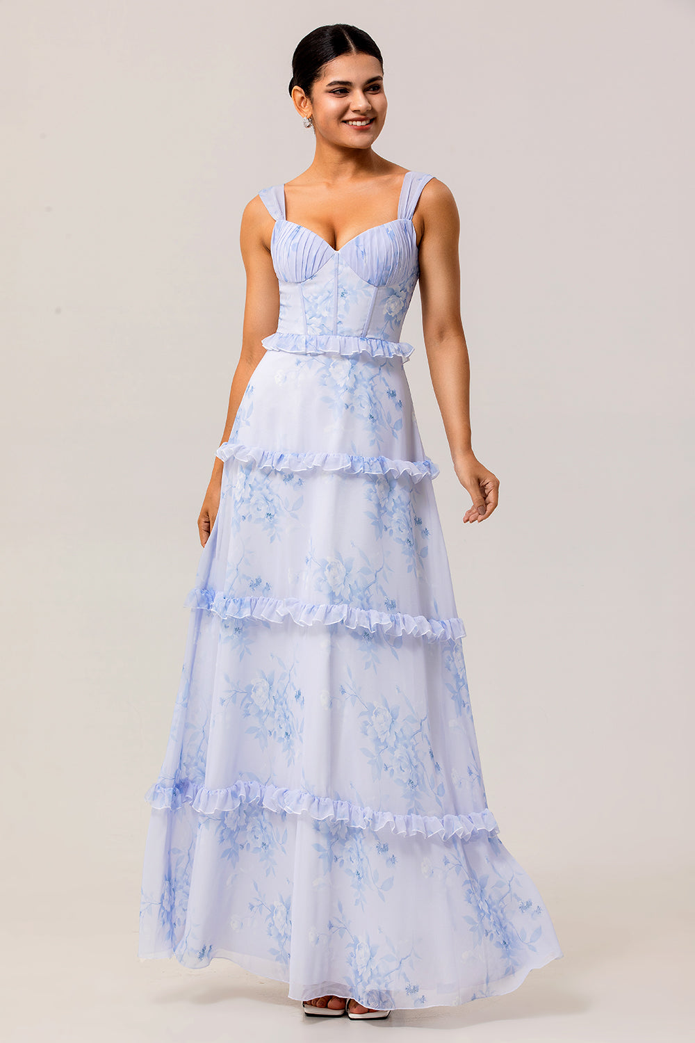 Blue Floral Chiffon Corset Long Wedding Guest Dress with Ruffles