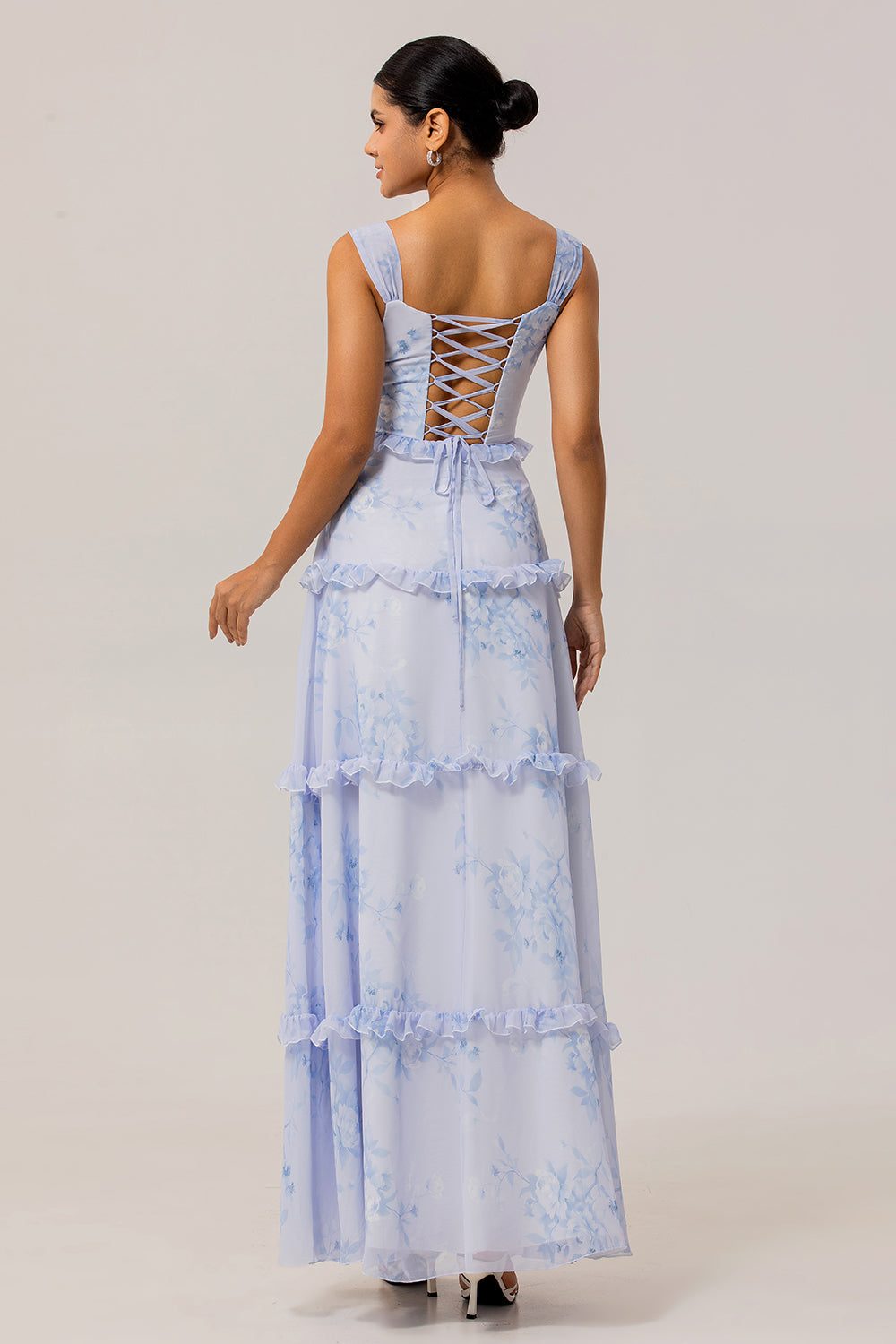 Blue Floral Chiffon Corset Long Wedding Guest Dress with Ruffles