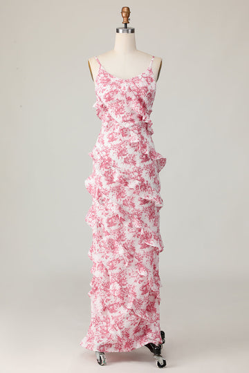 Blush Flower Sheath Ruffled Long Wedding Guest Dress with Slit