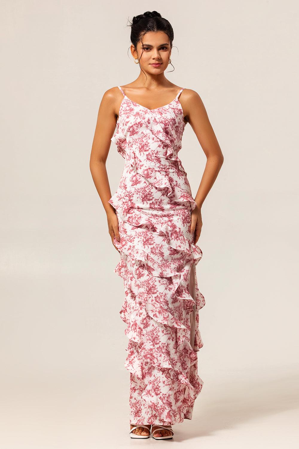 Blush Flower Sheath Ruffled Long Wedding Guest Dress with Slit