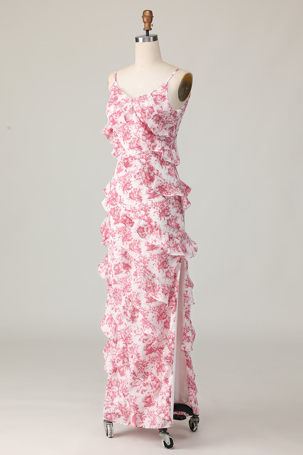 Blush Flower Sheath Ruffled Long Wedding Guest Dress with Slit