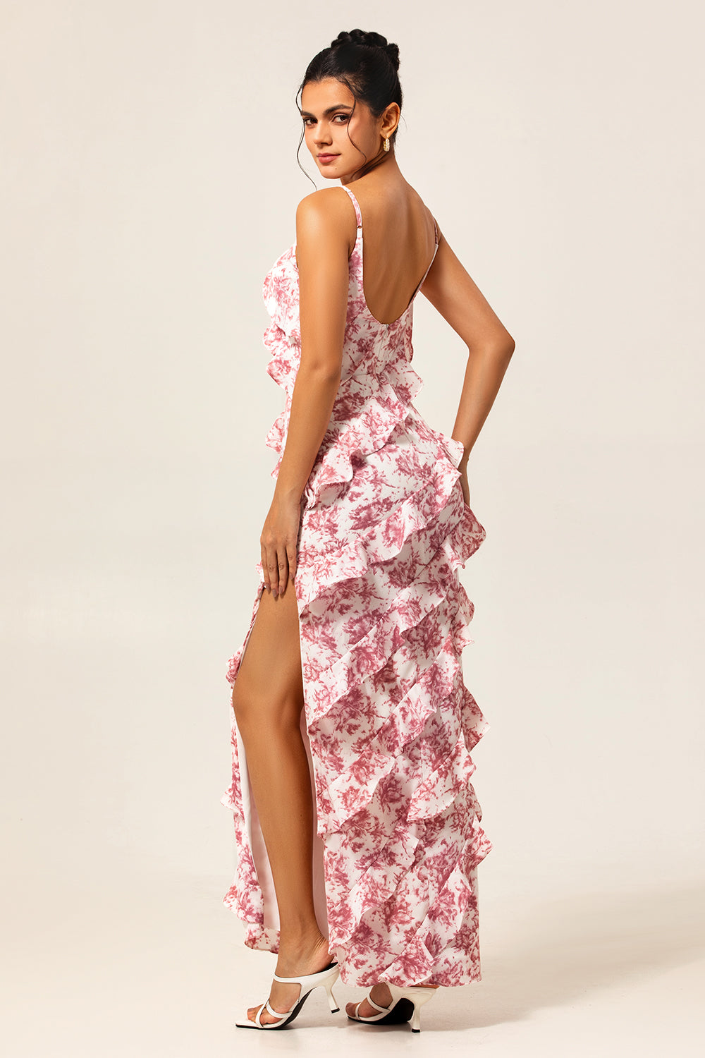 Blush Flower Sheath Ruffled Long Wedding Guest Dress with Slit