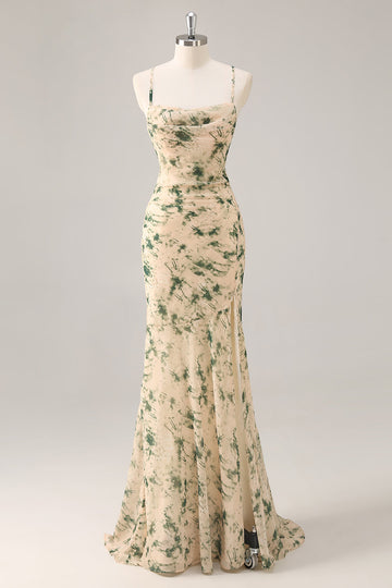 Champagne Mermaid Floral Ruched Long Wedding Guest Dress with Slit