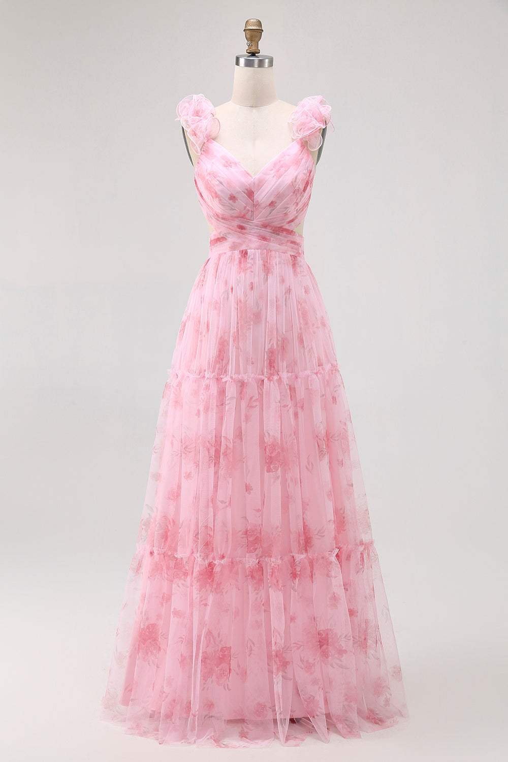 Blush Floral V-Neck Chiffon A-Line Long Wedding Guest Dress