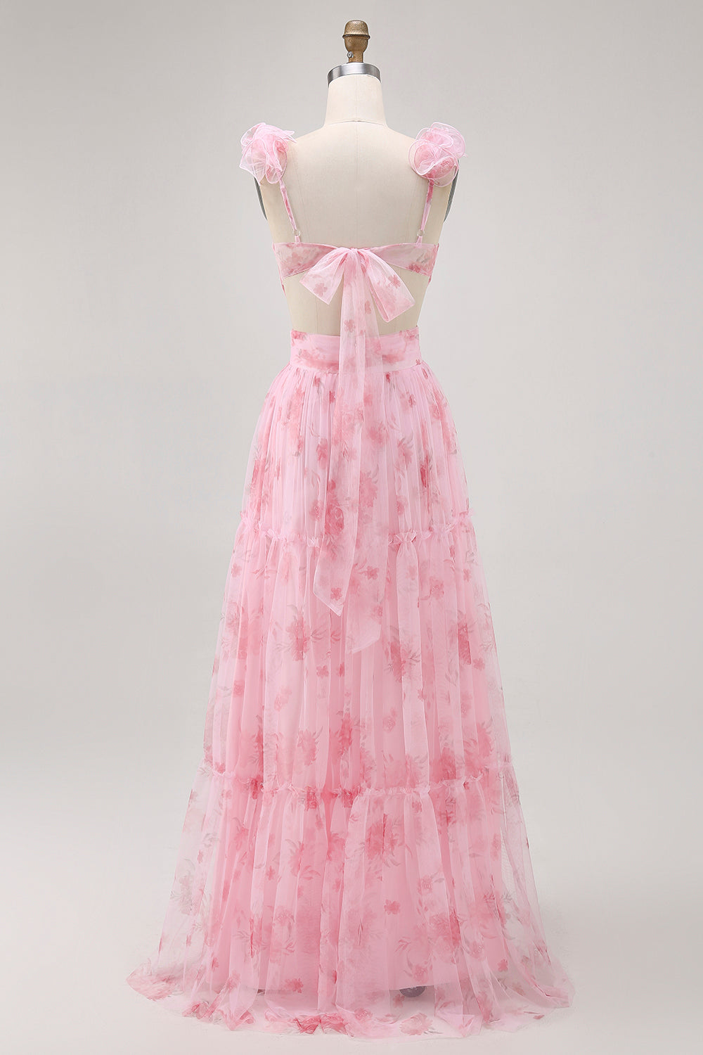 Blush Floral V-Neck Chiffon A-Line Long Wedding Guest Dress