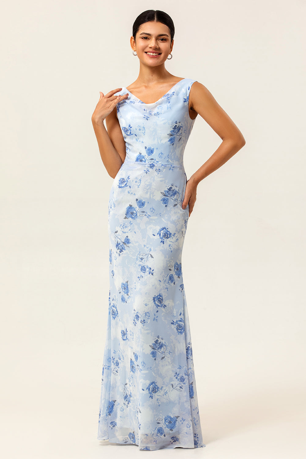 Blue Floral Mermaid Chiffon Long Wedding Guest Dress
