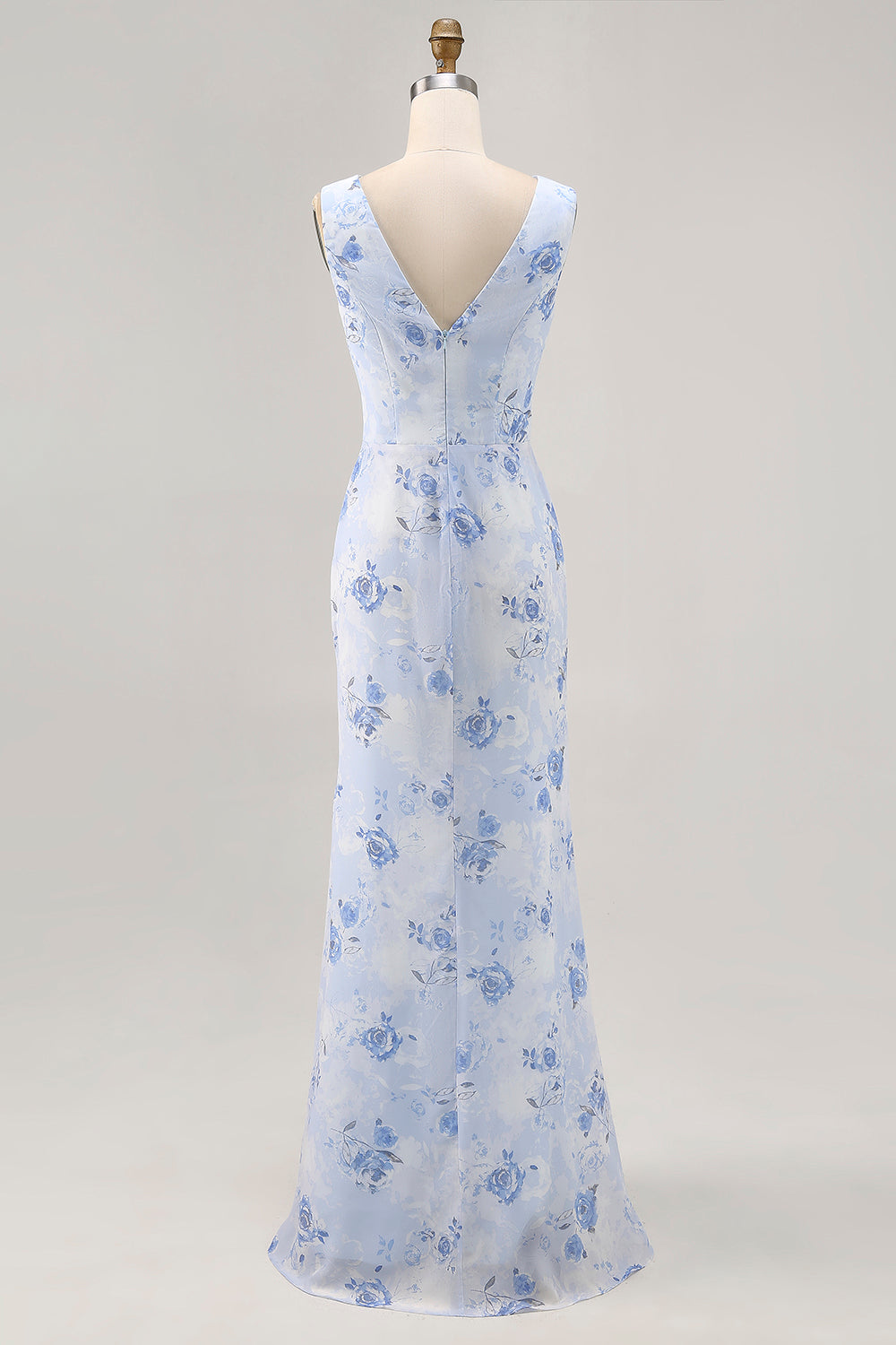 Blue Floral Mermaid Chiffon Long Wedding Guest Dress