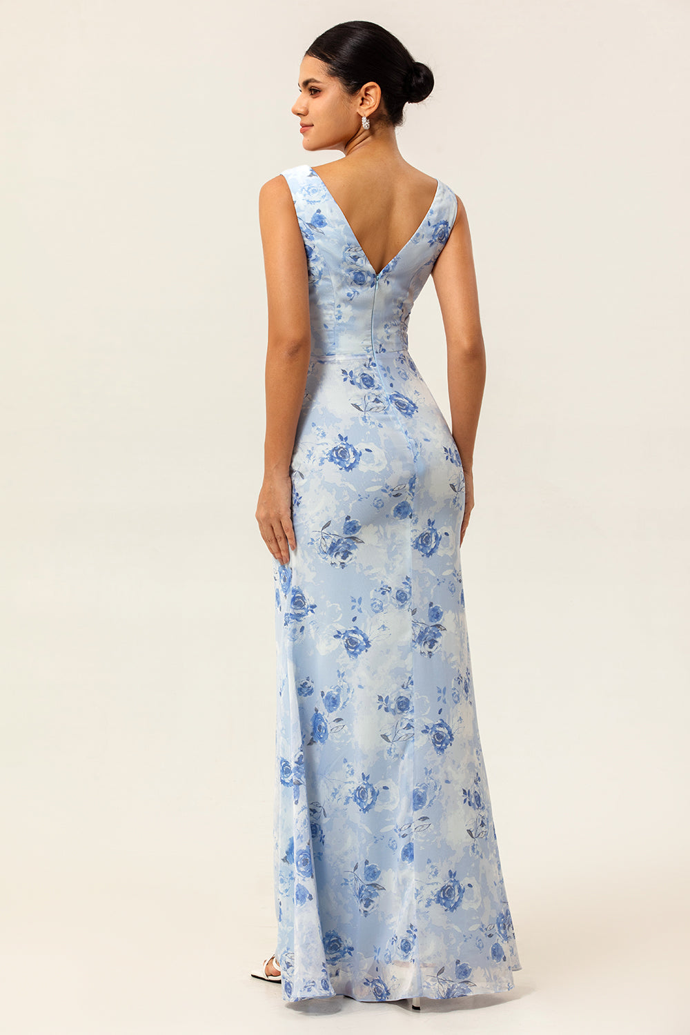 Blue Floral Mermaid Chiffon Long Wedding Guest Dress