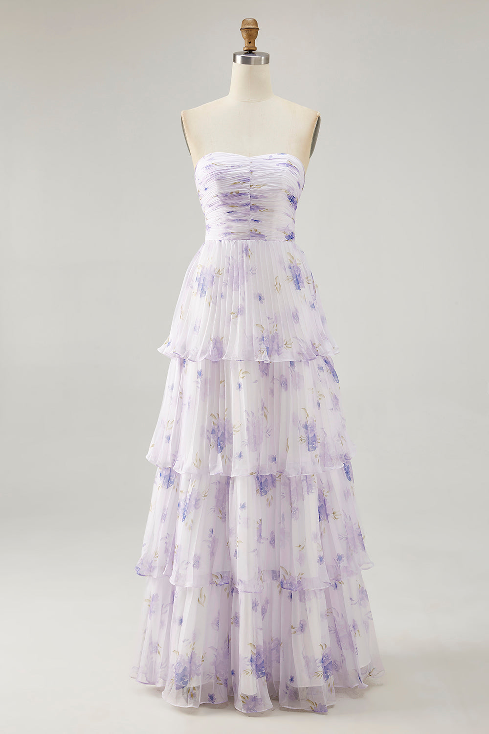 Lavender Floral Strapless Pleated Long Bridesmaid Dress with Ruffles